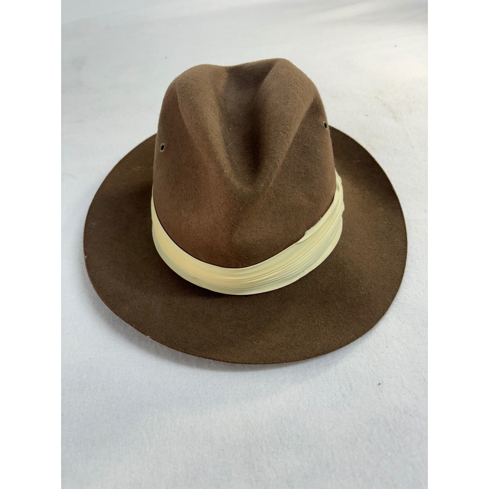Safari Mens Brown 100% Wool Fedora Hat with Cream Band Made in USA Size Medium